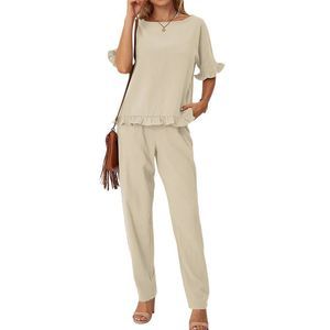 Suvimuga Khaki Ruffle-Accent Boatneck Top & Pants Size XL